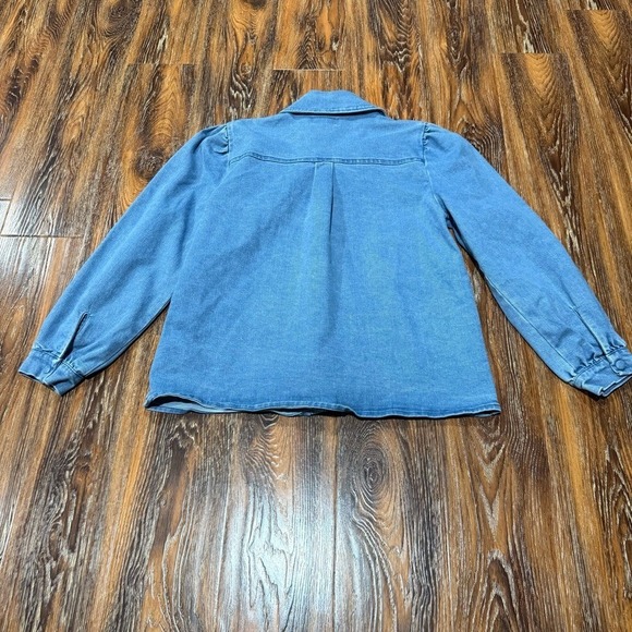Bagatelle Blue Denim Stretch Button-Up Shirt Jacket Size L Women's Puff Sleeve - Picture 2 of 9